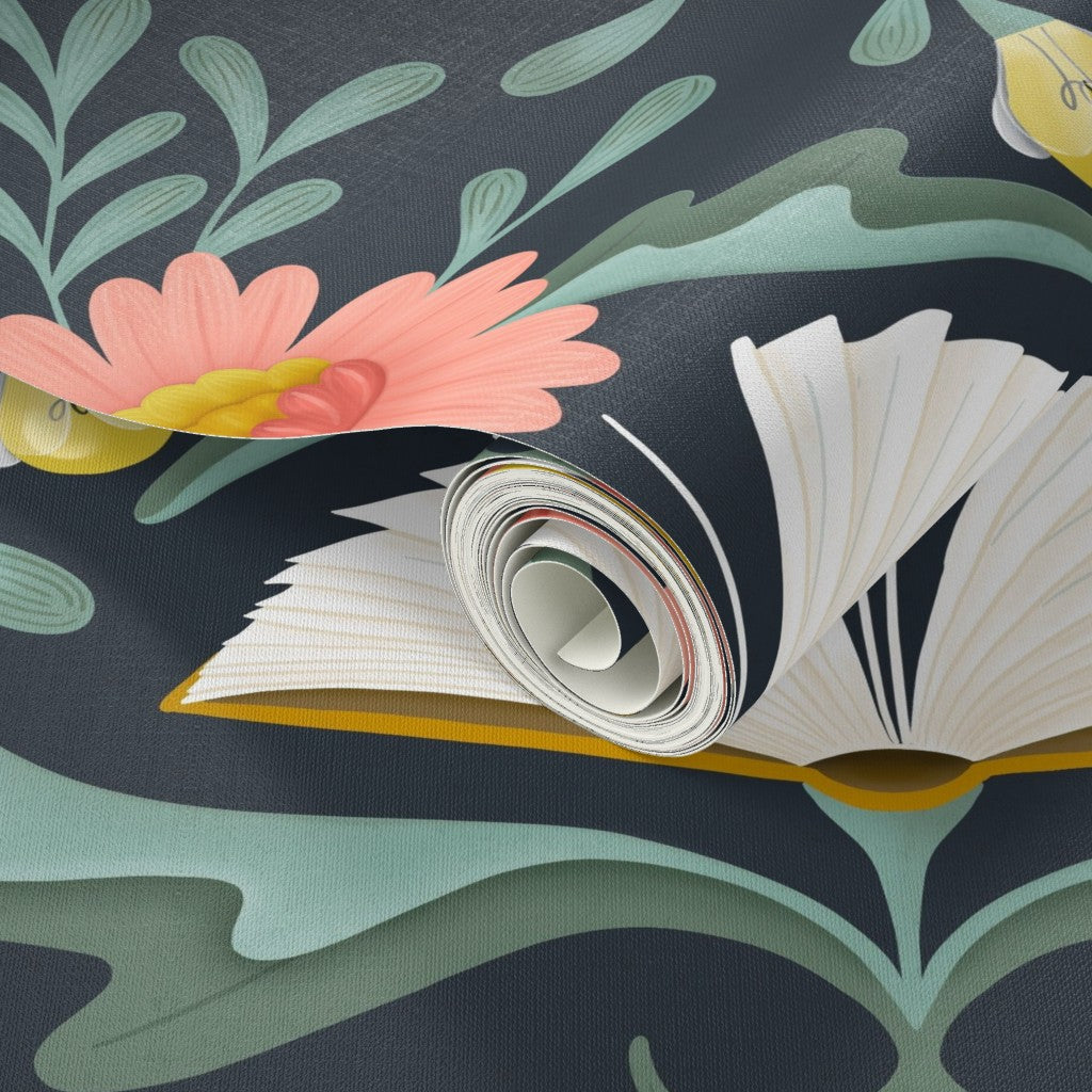Roll of wallpaper with floral design on a dark background